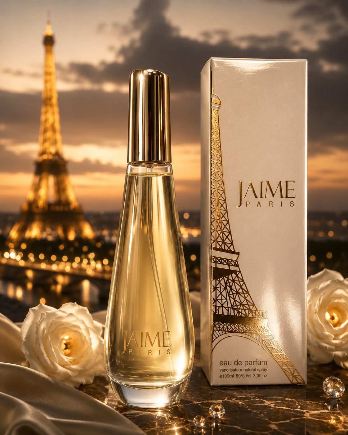 Flacon de parfum de luxe parisien J'AIME PARIS devant la Tour Eiffel